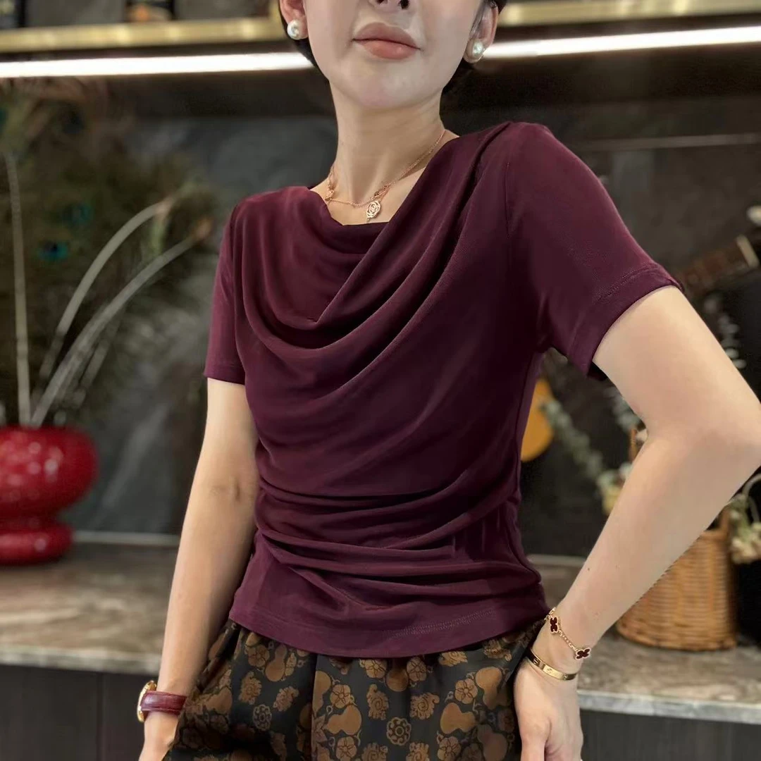 【设计师款】夏季醋酸荡领短袖T恤女上衣薄款9931