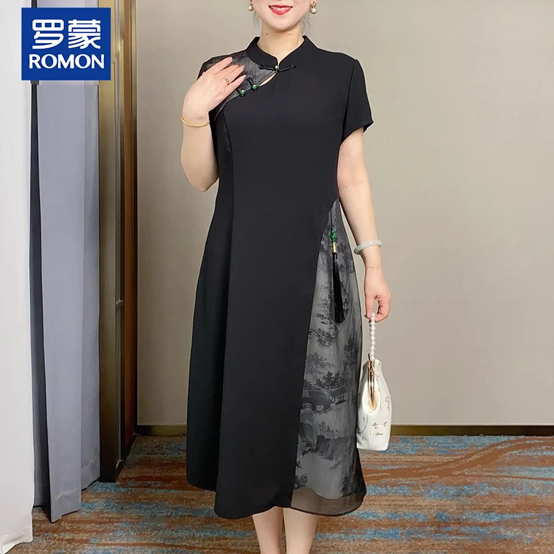 罗蒙妈妈装新中式时尚连衣裙新款中年高档长裙中老年女装显瘦裙子
