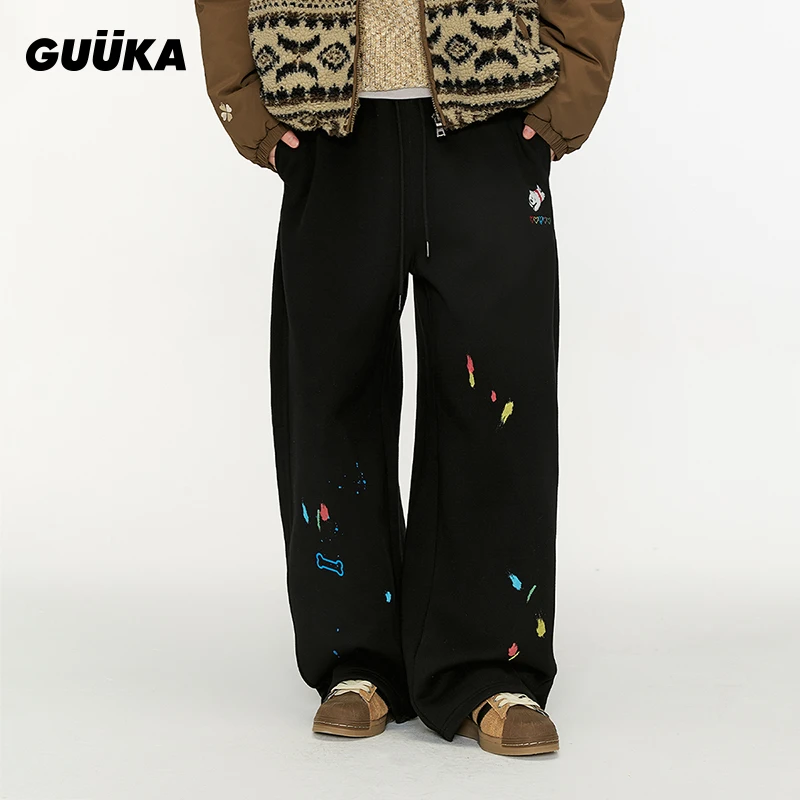 Guuka/古由卡&matsui联名小狗刺绣卫裤男美式涂鸦直筒裤子S5823