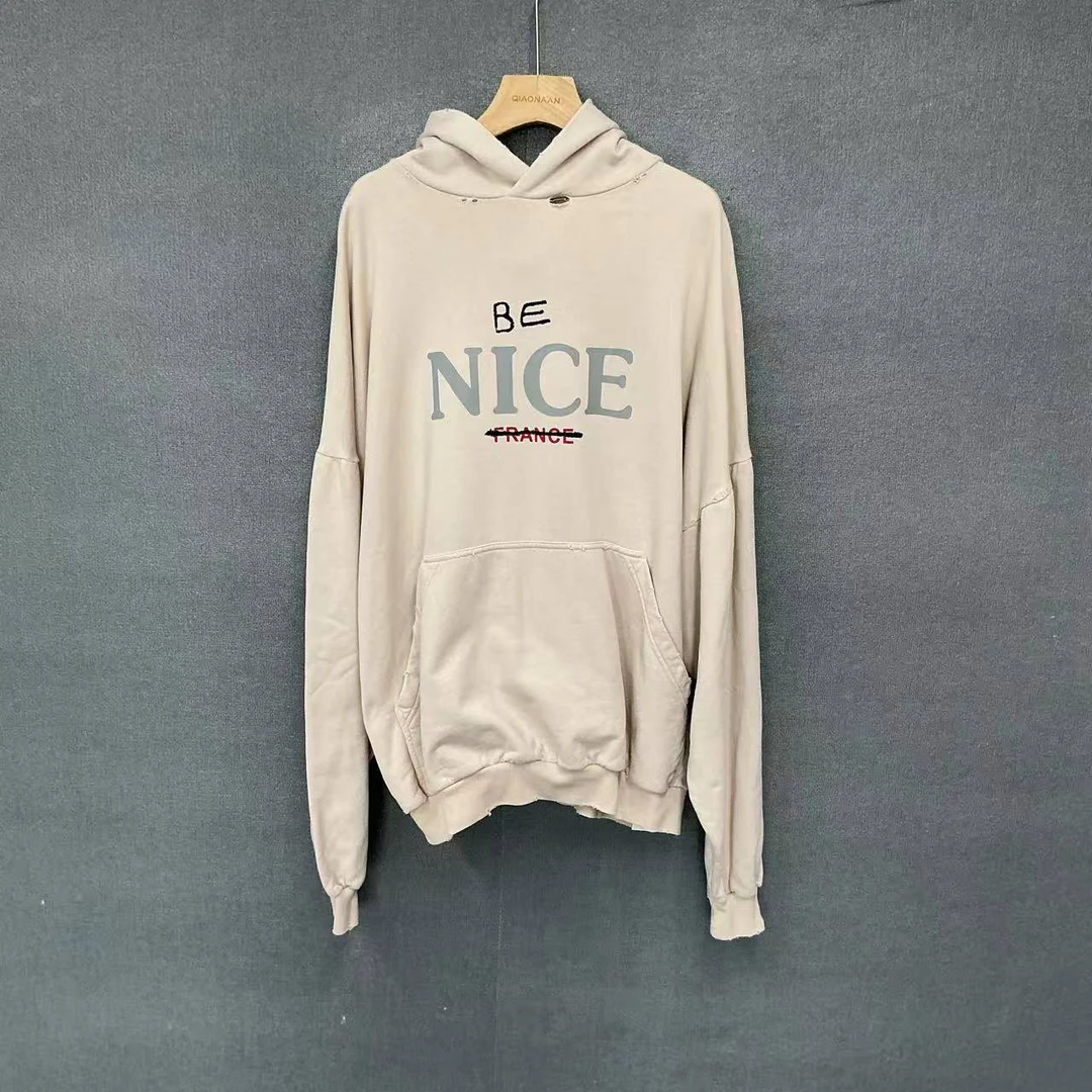 95新 Balenciaga/巴黎世家 （pm）NICE印花破坏帽衫卫衣 1码/0664