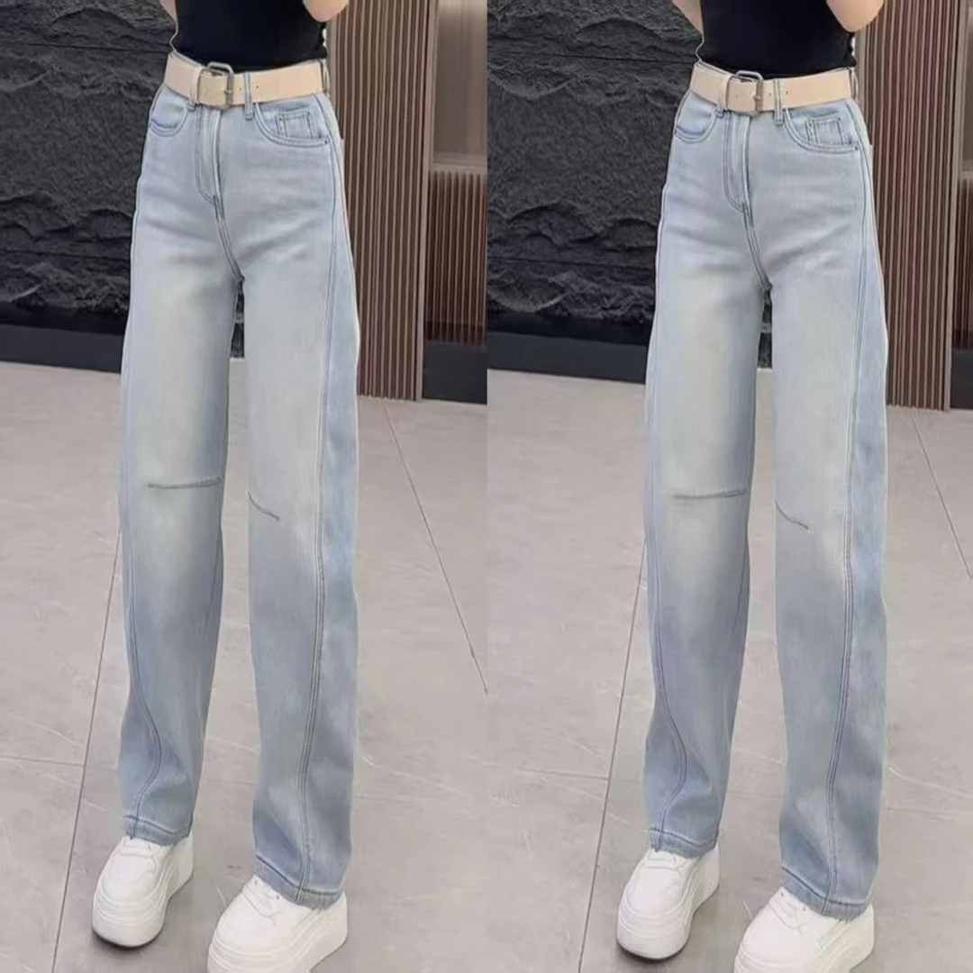 秋冬5063 加绒保暖高腰双兜明线设计直筒牛仔裤