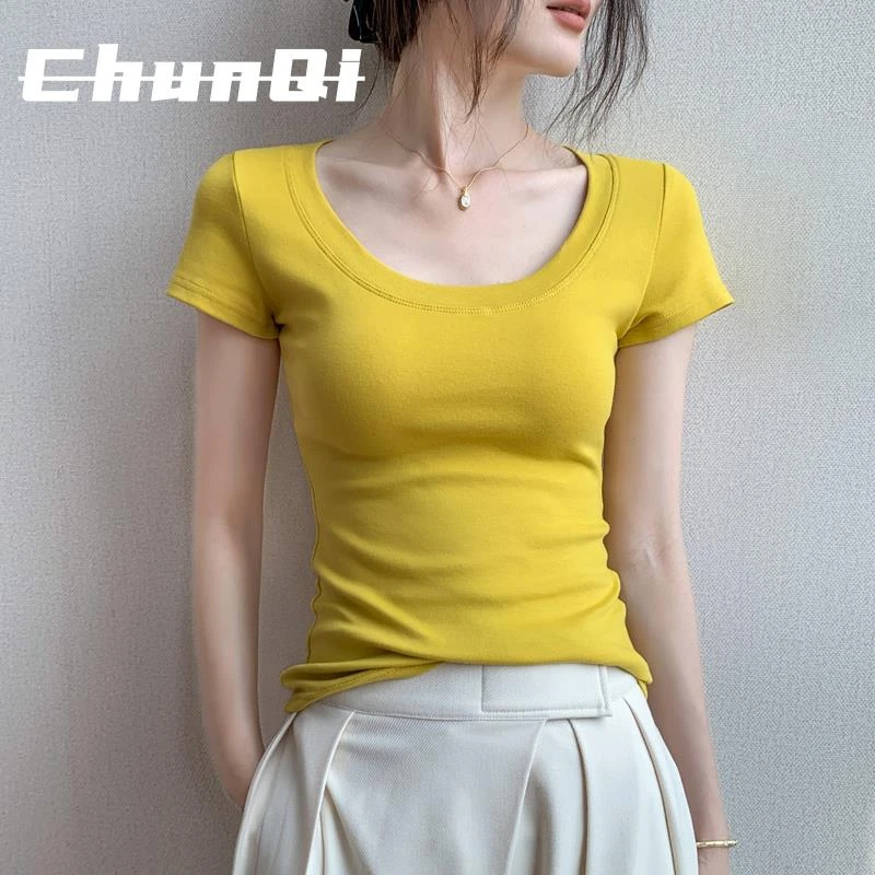 淳启低领短袖T恤女夏季新款修身显瘦露锁骨黄色百搭半袖上衣潮流