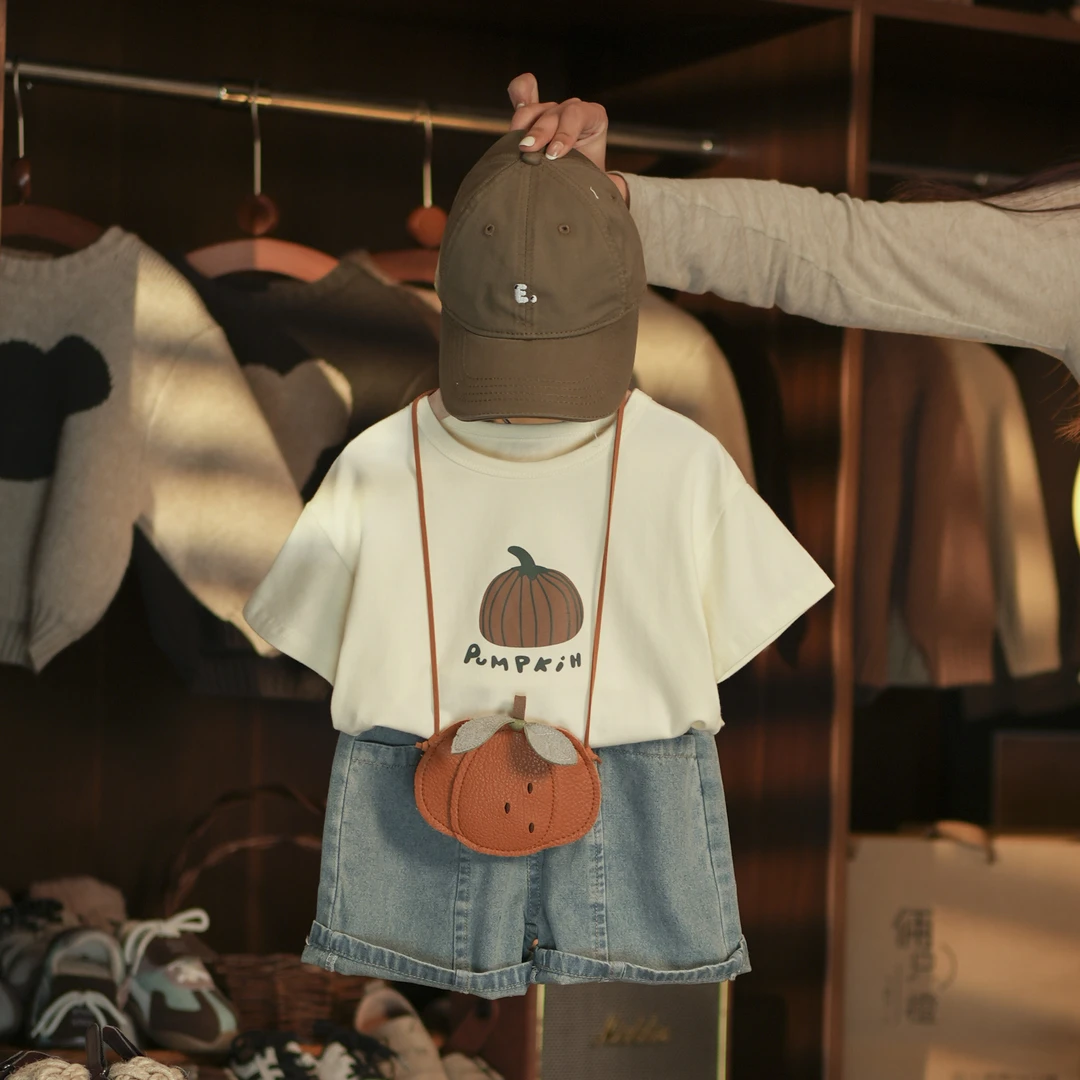 【俩只橙】《夏》南瓜米糊~可爱南瓜棉感短袖T恤+大口袋七分牛仔裤