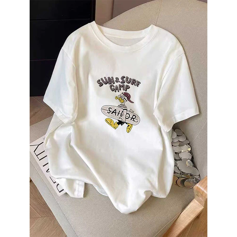 2025新款正肩白色磨毛短袖t恤女春夏秋季时尚百搭圆领上衣打底衫