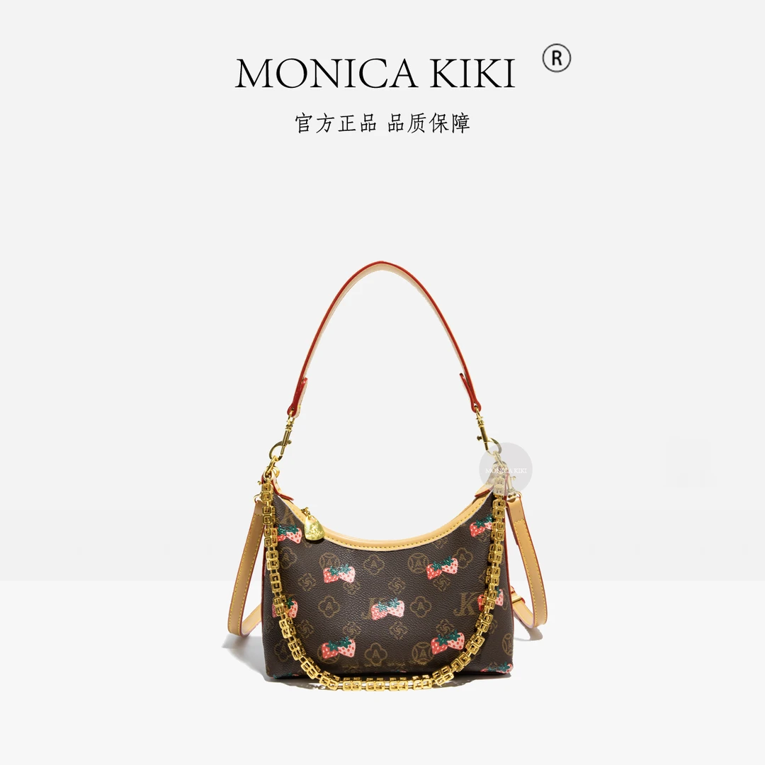 MONICA KIKI/莫妮卡奇奇经典复古草莓印花单肩斜挎饺子包包5961小
