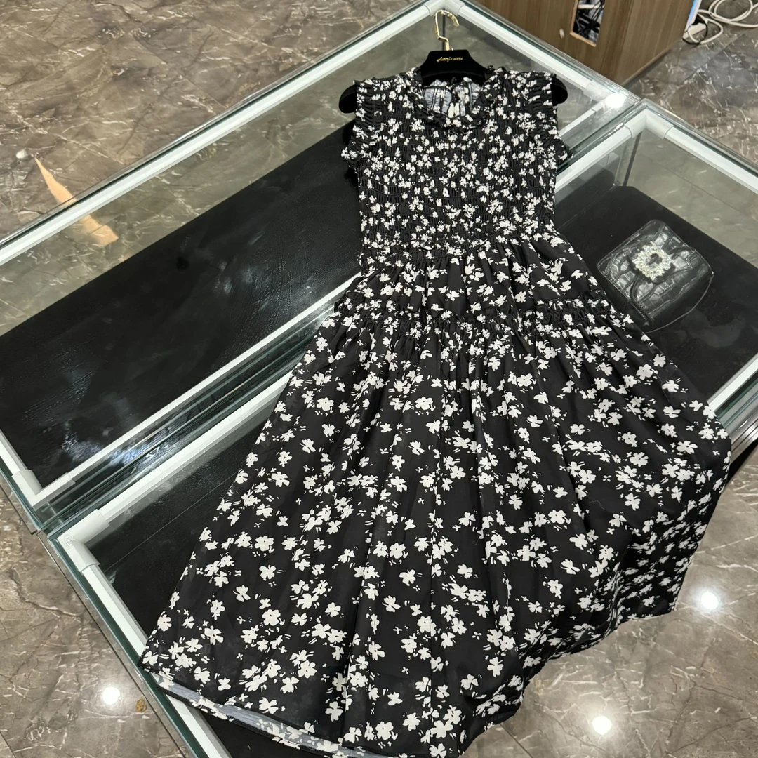 【约会玫瑰岛】度假风时尚复古气质碎花南油荷叶边无袖连衣裙-293