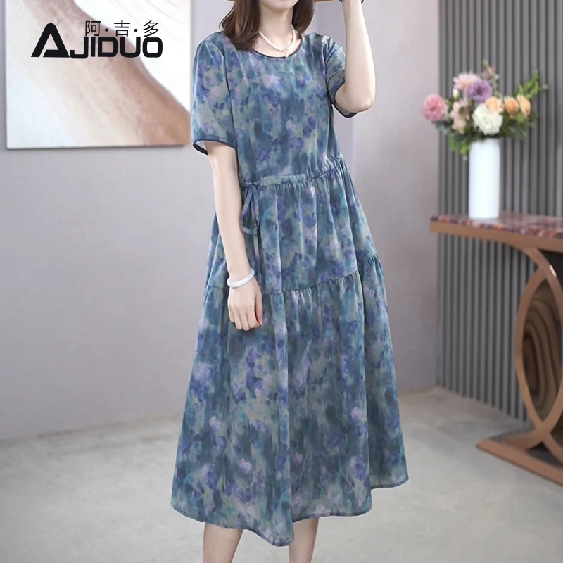 A21887阿吉多扎染印花连衣裙2025夏装新款慵懒风油画裙显年轻裙子