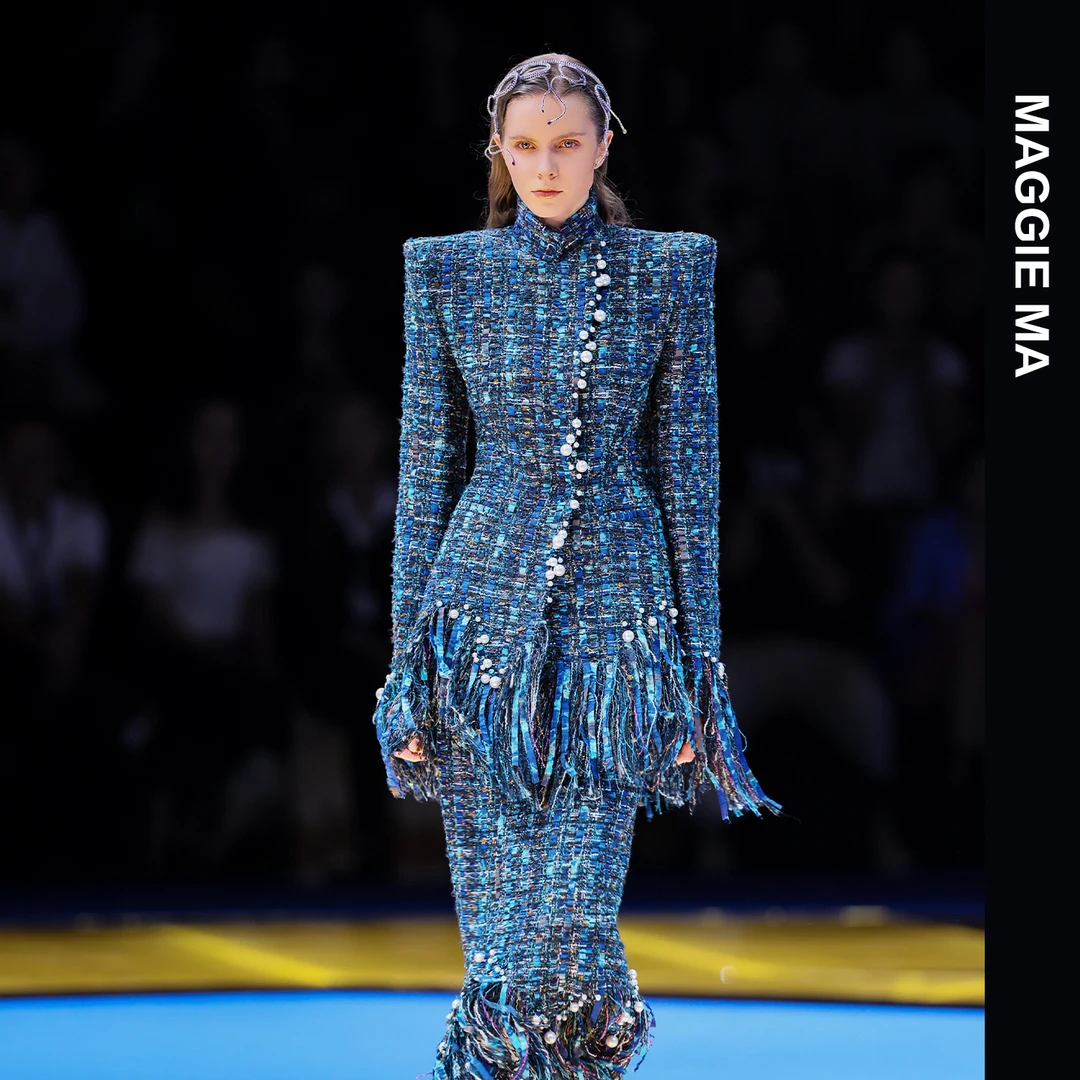MAGGIE MA马婧「珠曜奢蓝」设计师款粗毛呢小香风流苏套装627C/628B