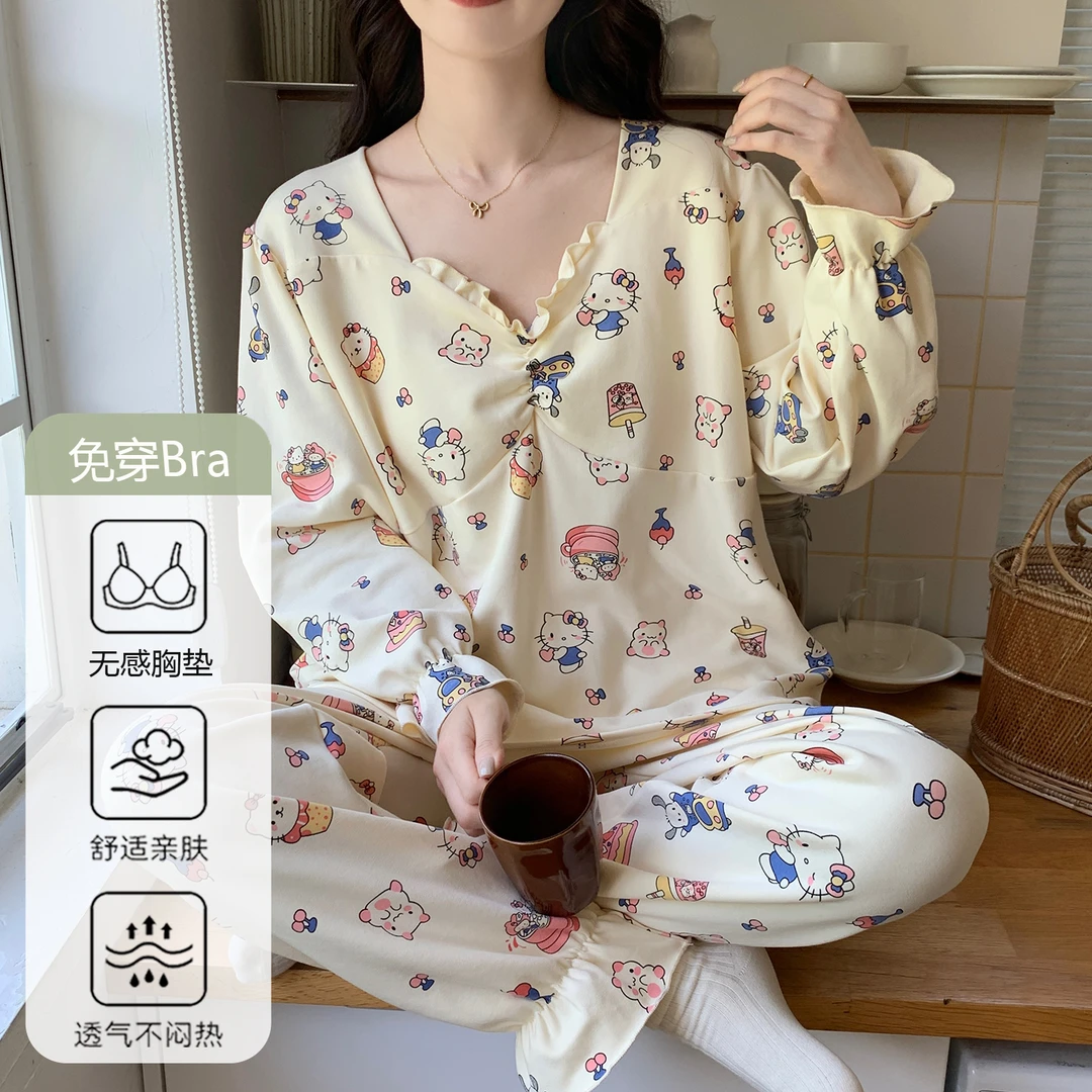 睡衣女春秋款爆款2025新款带胸垫可外穿甜美kt猫长袖公主风家居服
