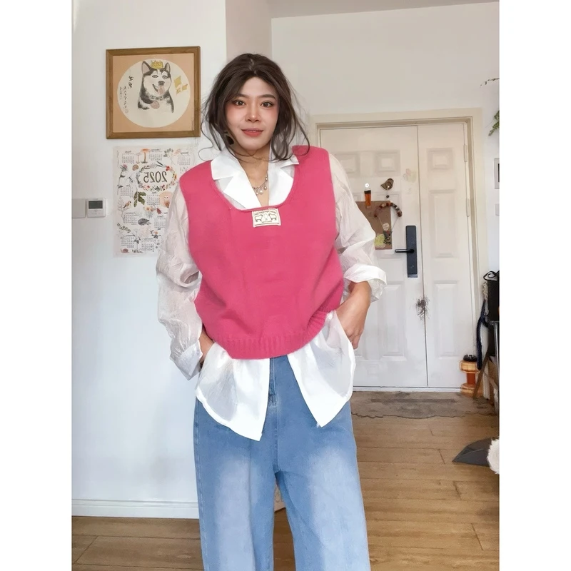 早春甜妹外穿两件套针织宽松贴布休闲马甲毛衣叠穿衬衣