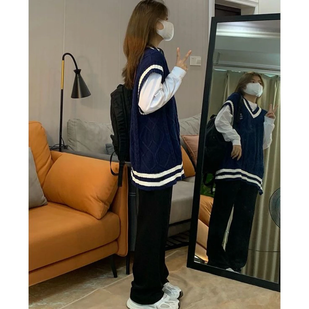 两件套装新款宽松撞色拼接V领女秋冬单穿毛衣马甲背心叠穿长袖T恤