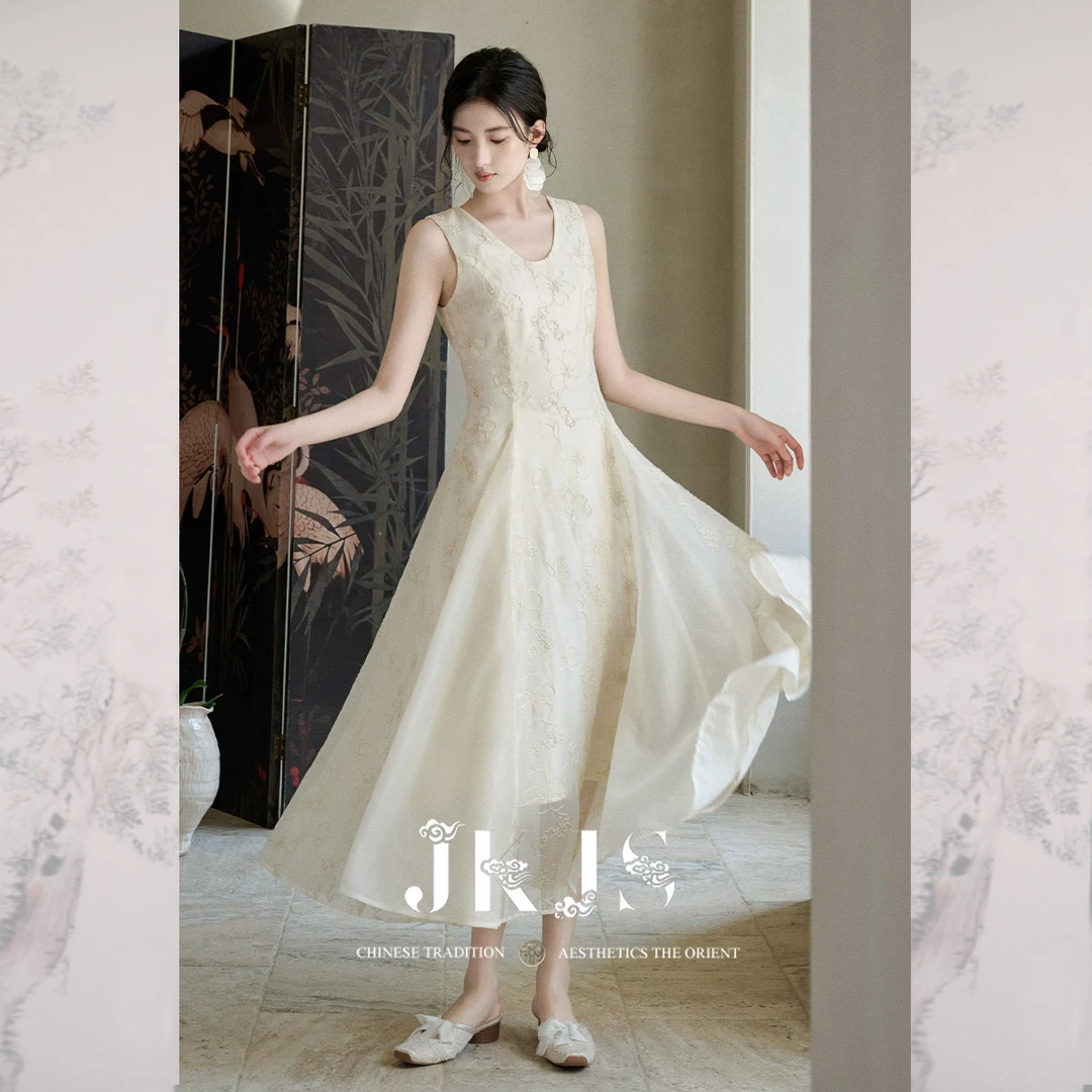 JKJS【浮光雪】立体金丝绣花 连衣裙新中式背带裙子气质收腰长裙