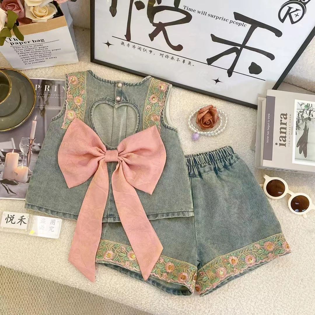 HY女童甜美套装牛仔夏季新款女宝时尚休闲洋气无袖儿童套装80579