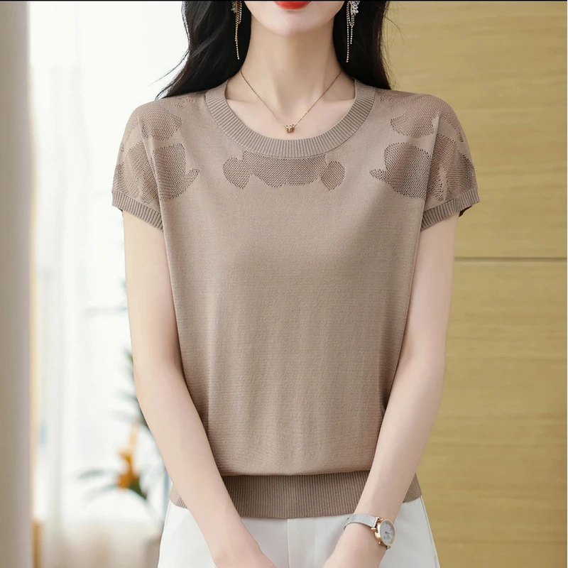 夏季女士女款宽松显瘦薄款洋气蝙蝠衫圆领镂空气质短袖T恤针织衫