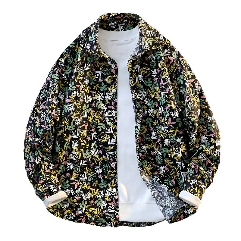 男士纯棉长袖花衬衫秋季新款港风宽松潮流中青年印花衬衣碎花开衫