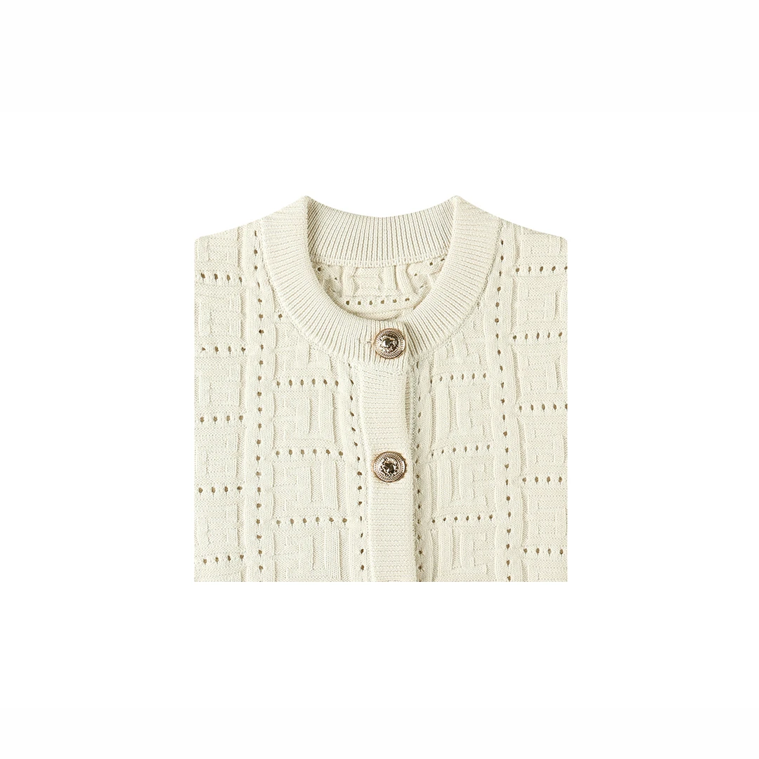 简约复古纽扣字纹图案圆领针织开衫 593