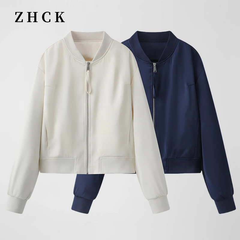 ZHCK时尚百搭圆领缎面拉链外套2025新款纯色高奢质感外套女