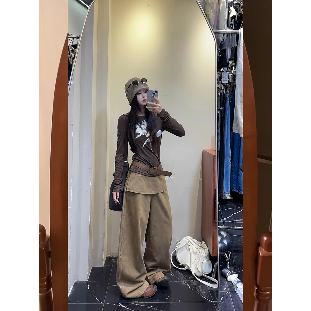 设计感搭片拼接工装裤子女秋季新款美式辣妹复古棕色假两件拖地裤