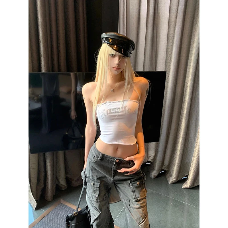 2025夏季新款时尚辣妹修身短款抹胸上衣多口袋黑色工装牛仔裤套装