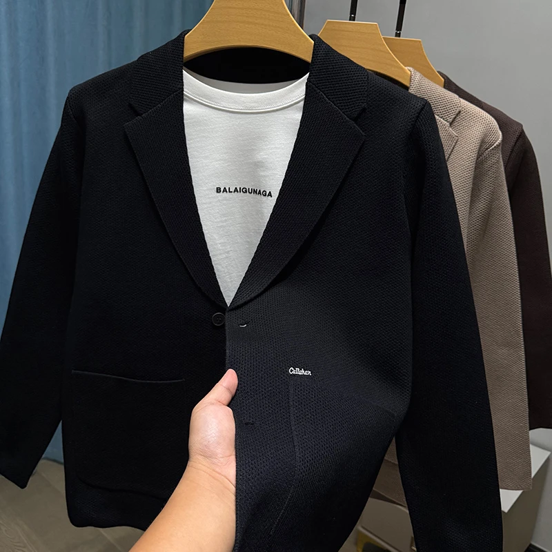 VIATEMSIARY春秋薄款小西服针织衫开衫男士轻商务潮流披肩V领外套