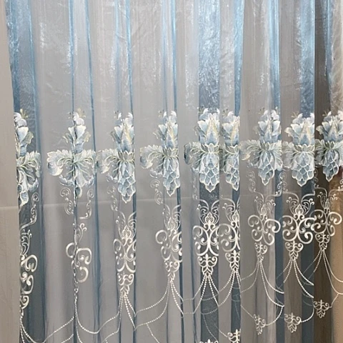 浅蓝色刺绣纱帘7对开2.7高挂钩