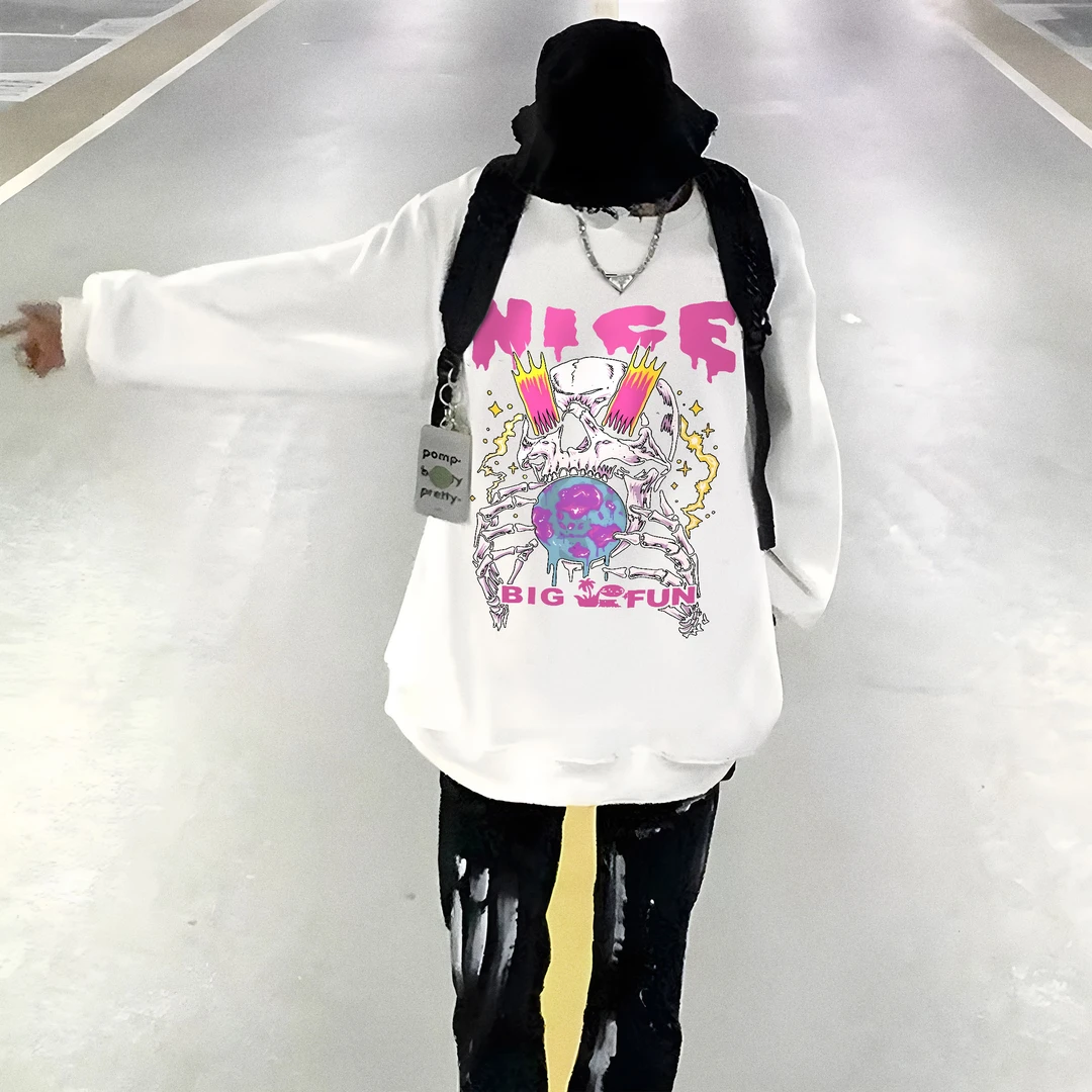 秋冬重磅骷髅印花男女款圆领卫衣oversize痞帅高街百搭外套打底衫