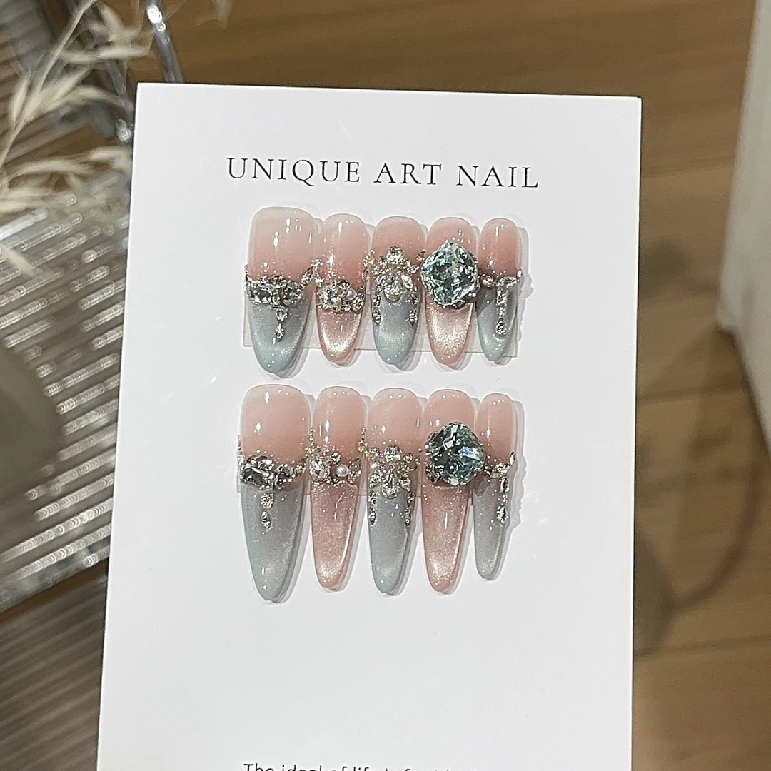 【爆闪璀璨】纯手工夏季爆闪蓝色系猫眼法式轻奢风纯手工穿戴甲