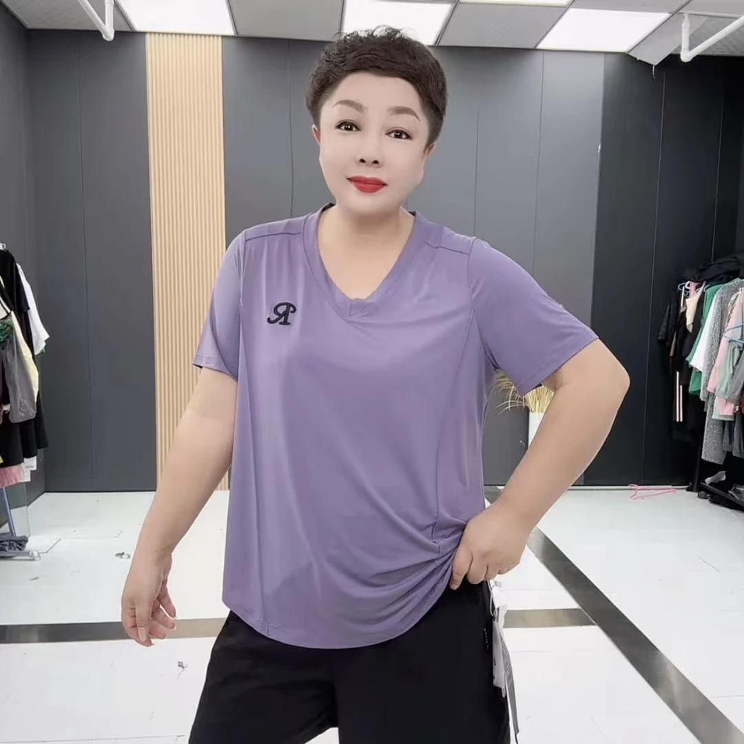 5085*大码大码时尚夏季新款字母V领时尚百搭舒适透气短袖上衣