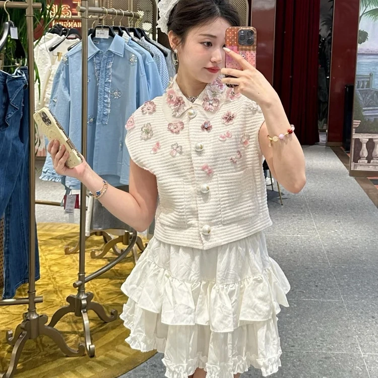 LIULIU 法式复古小香风重工花朵钉珠亮片短袖衬衫女2025上衣