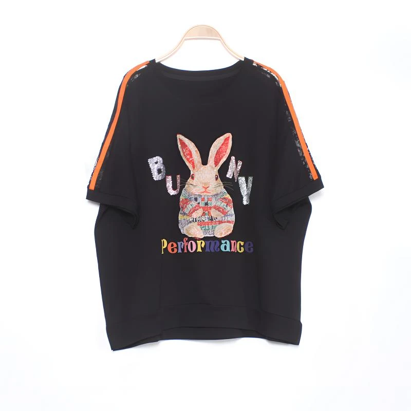 时尚T恤潮牌拼接卡通烫钻休闲百搭 圆领短袖宽松减龄夏季新款显瘦