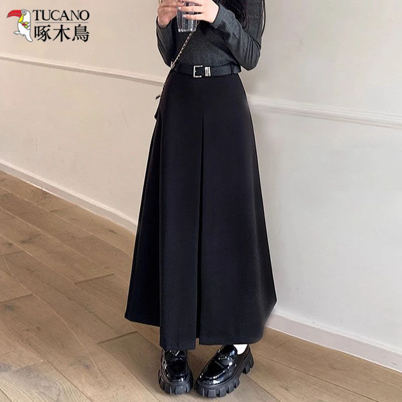 TUCANO/啄木鳥秋冬新款黑色毛呢半身裙女装高腰显瘦百搭遮胯长裙