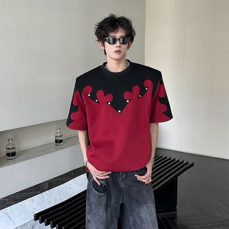 美式拼接设计感垫肩短袖t恤男夏季宽松休闲潮牌体恤痞帅半袖上衣