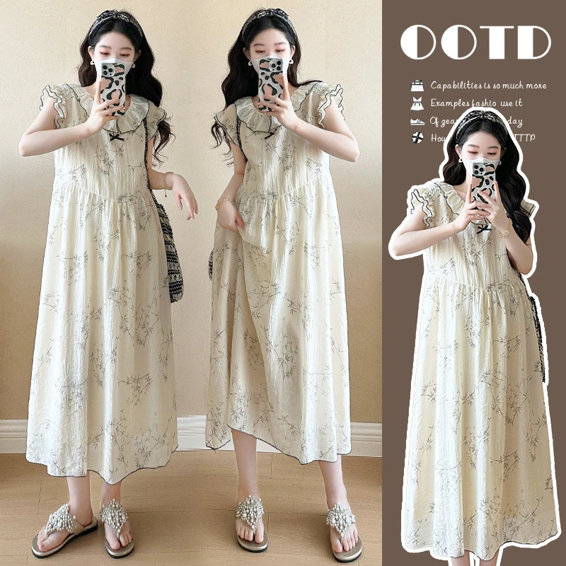 2025夏新款外穿法式碎花小飞袖孕妇装中长款连衣裙大码宽松显瘦