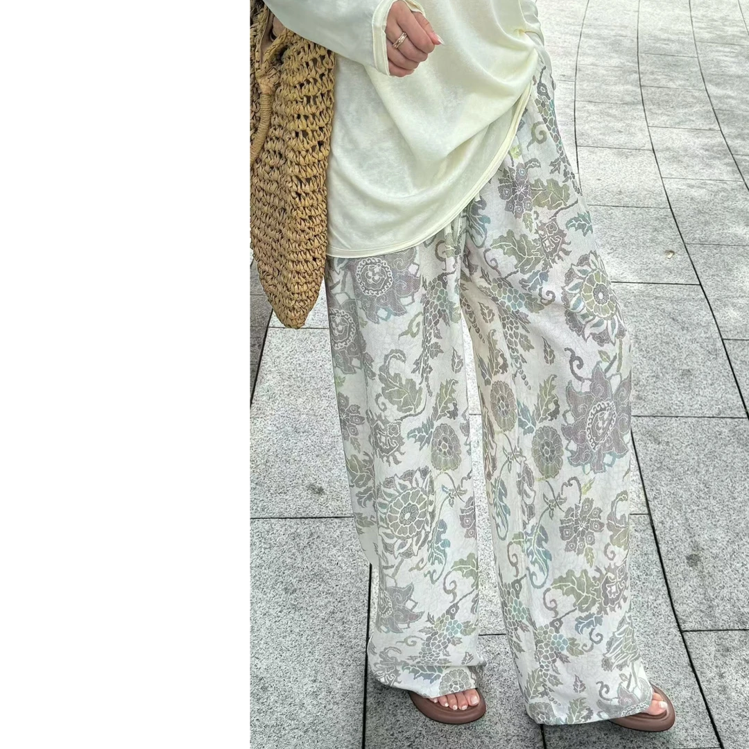 墨迹姐高个子加长“复古印花”休闲裤阔腿裤麻料休闲宽松长裤