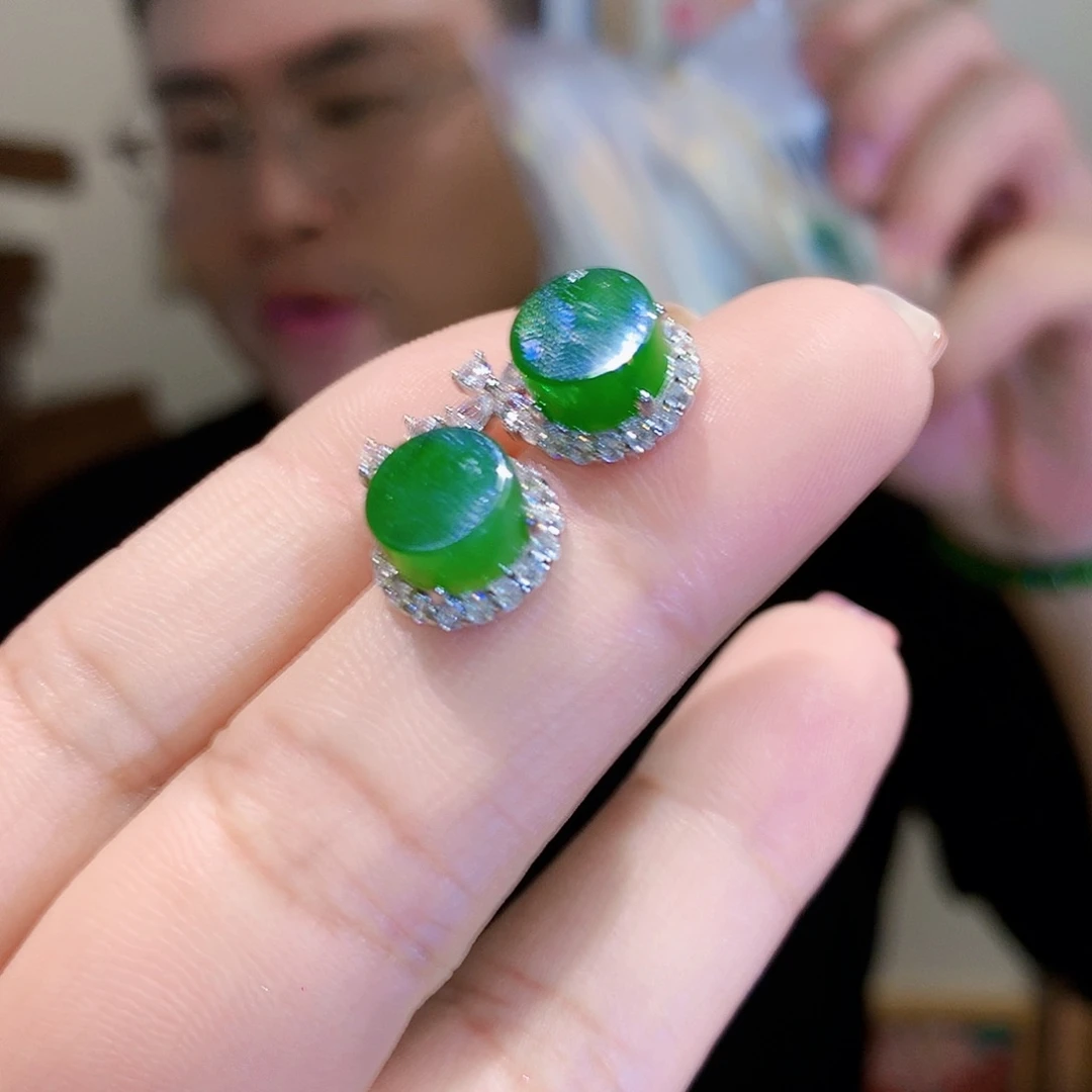 和田玉（碧玉）耳饰银S925镀金镶嵌