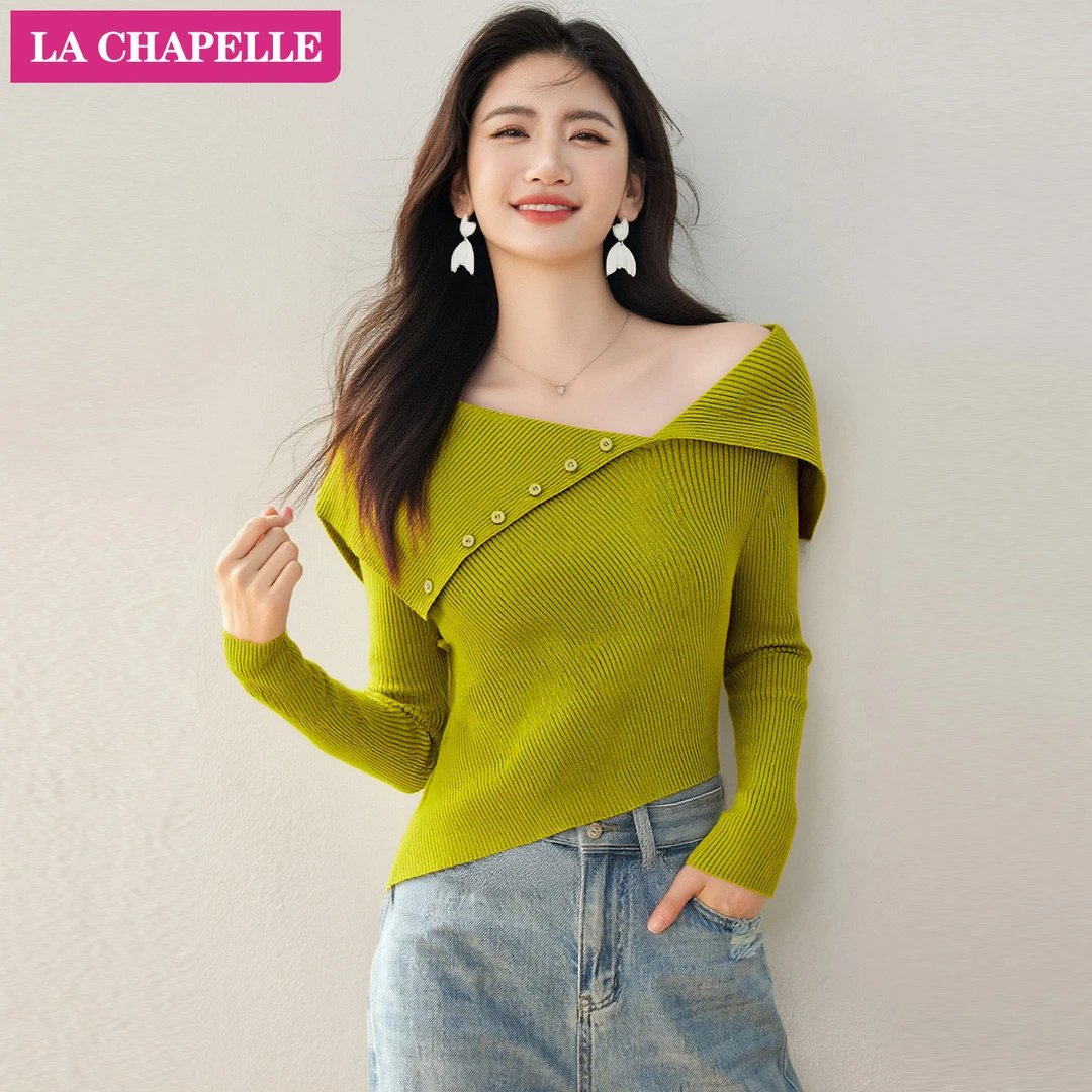 拉夏贝尔大翻领设计感显瘦长袖针织衫女秋冬季高级感休闲百搭上衣