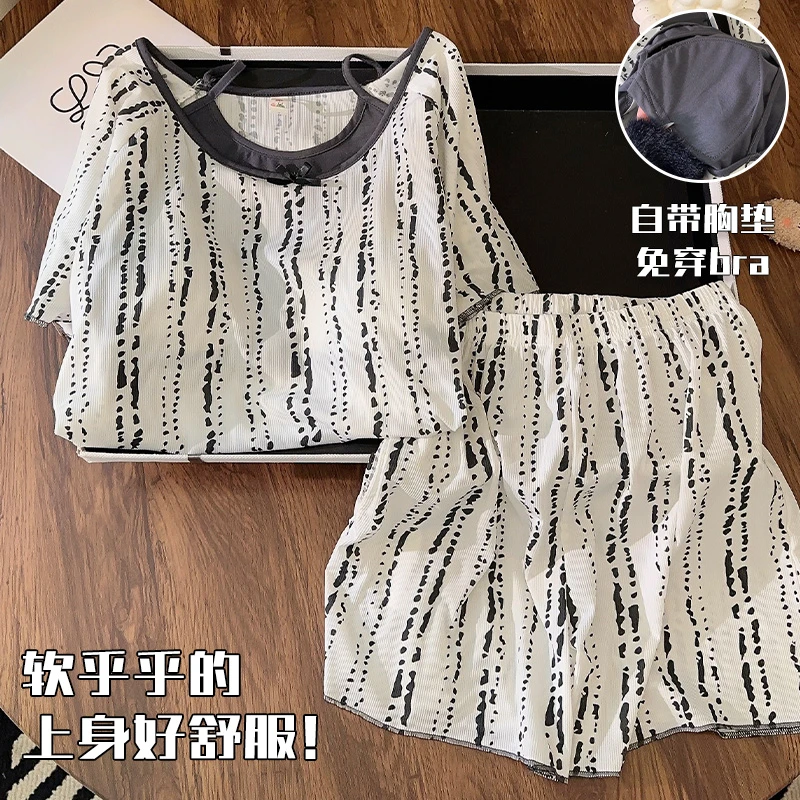 高级感条纹睡衣女夏季短袖假两件冰丝套装夏天新款带胸垫家居服薄