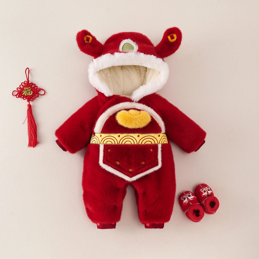 婴儿连体衣冬季拜年服喜庆刺绣红色周岁礼服满月宝宝过年衣服棉衣