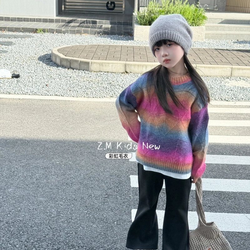 【彩虹】2025秋季男女童圆领毛衣渐变镂空针织衫儿童上衣B-586193