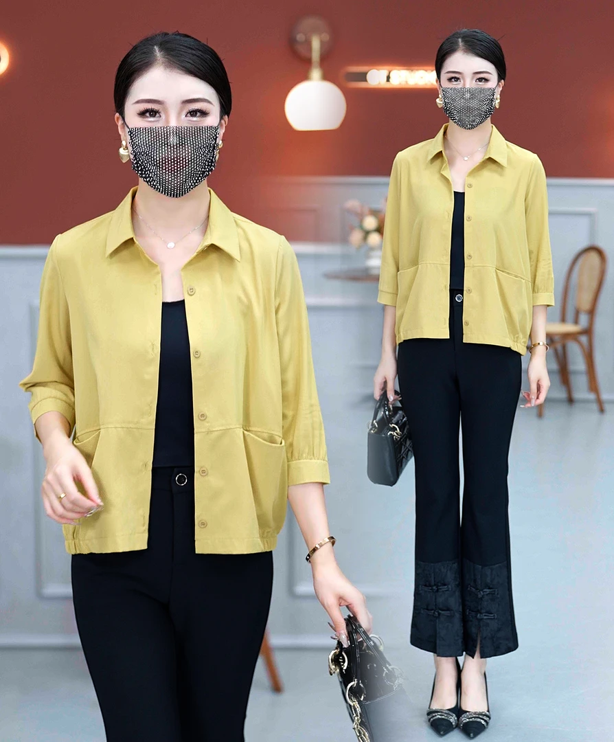 春秋休闲洋气短款衬衫女2025新款大码宽松中年妈妈九分袖衬衣薄款