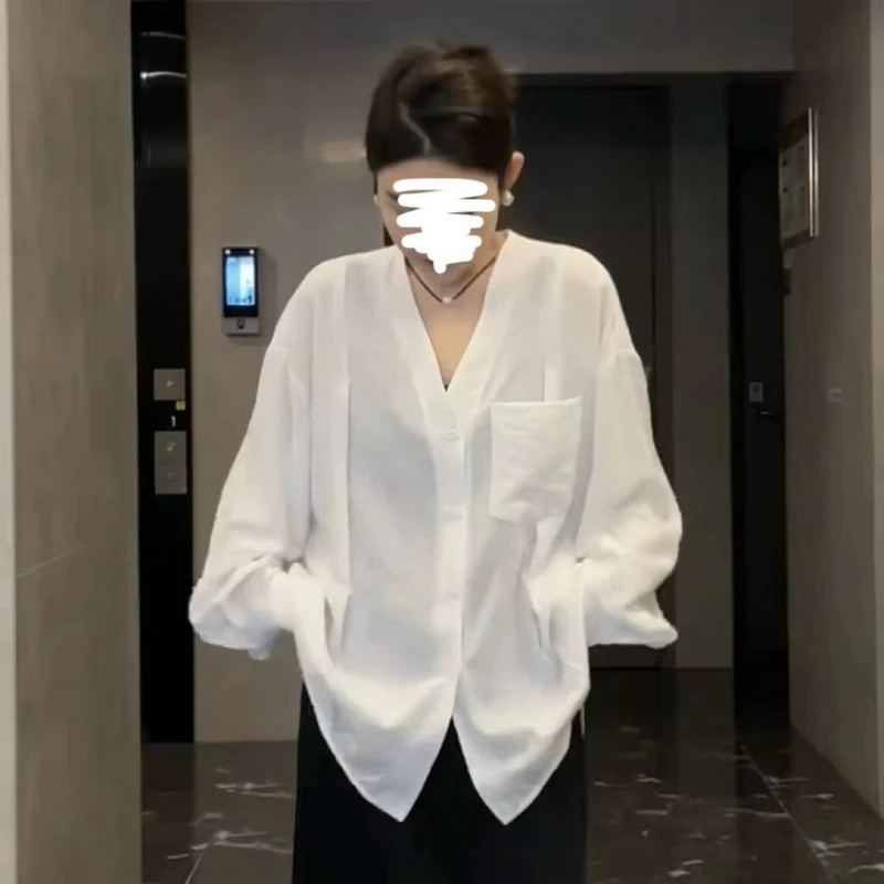 AMAZCOOL 时尚休闲V领褶皱显瘦百搭衬衫2956