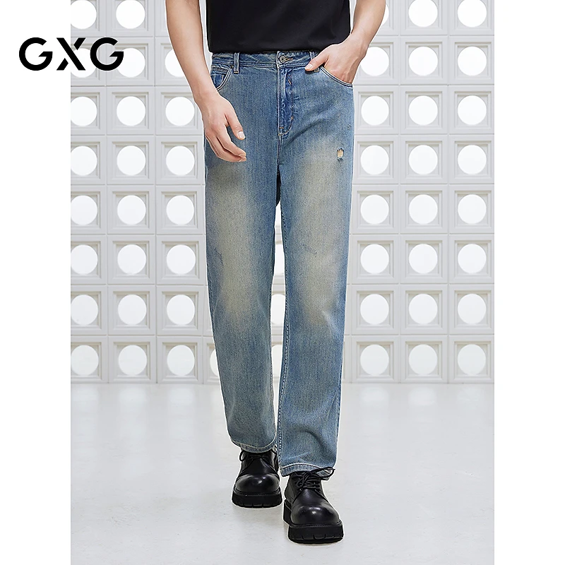 GXG男装 直筒破洞设计水洗牛仔裤休闲裤长裤 25夏新品#G25D052036