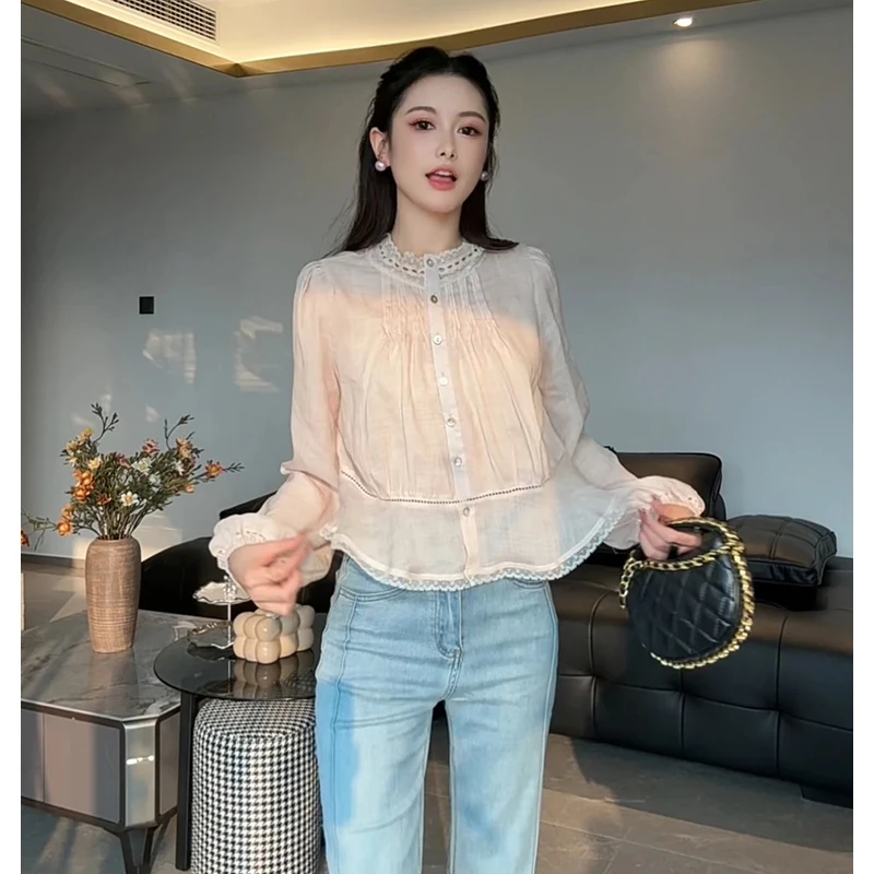 设计感蕾丝花边泡泡袖长袖衬衫女2025春秋新款高级感洋气减龄上衣