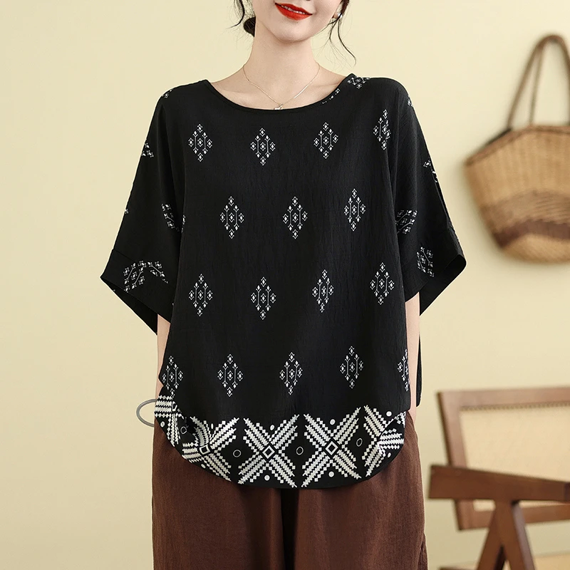 棉麻夏季新款大码印花短袖T恤复古时尚宽松百搭遮肚显瘦圆领上衣
