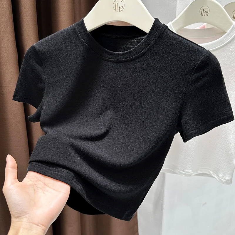 黑色显瘦圆领内搭打底上衣夏季爆款百搭短袖T恤高级感修身小衫女