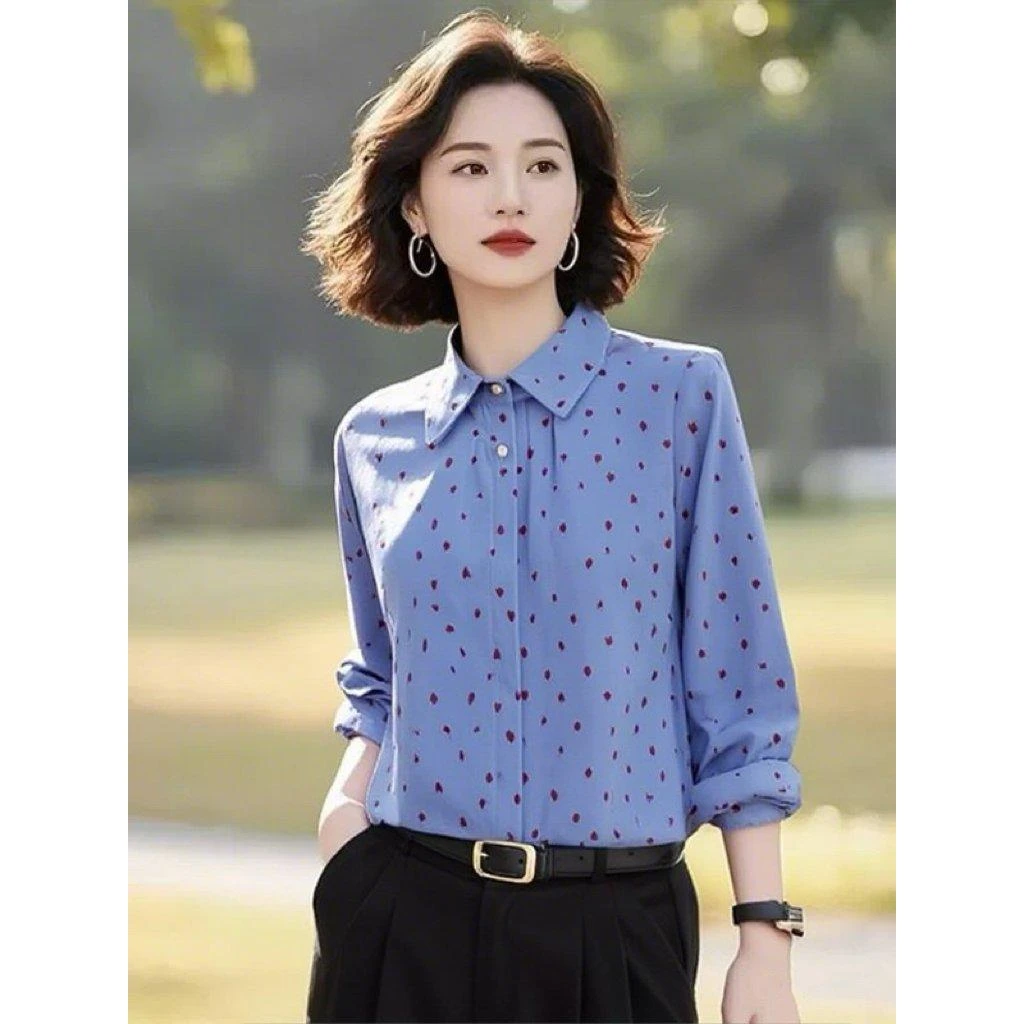 SS2269复古蓝色衬衫2025秋季新款时尚洋气宽松显瘦设计感长袖上衣