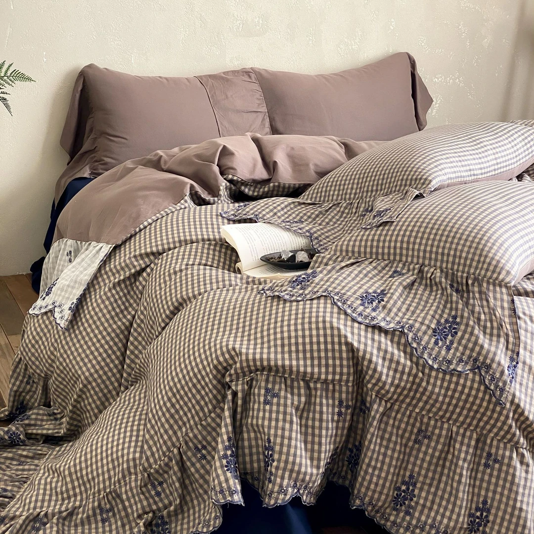 梅边Design【杜维埃春日】法式经典格纹重工刺绣纯棉双层纱四件套