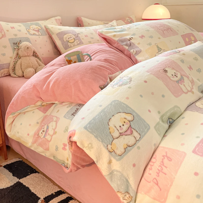 冬季卡通印花牛奶绒四件套学生宿舍单人三件套加厚加绒床单被套