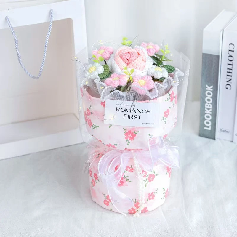 创意母亲节花束成品仿真花送妈妈男女朋友惊喜毛线手工钩织玫瑰