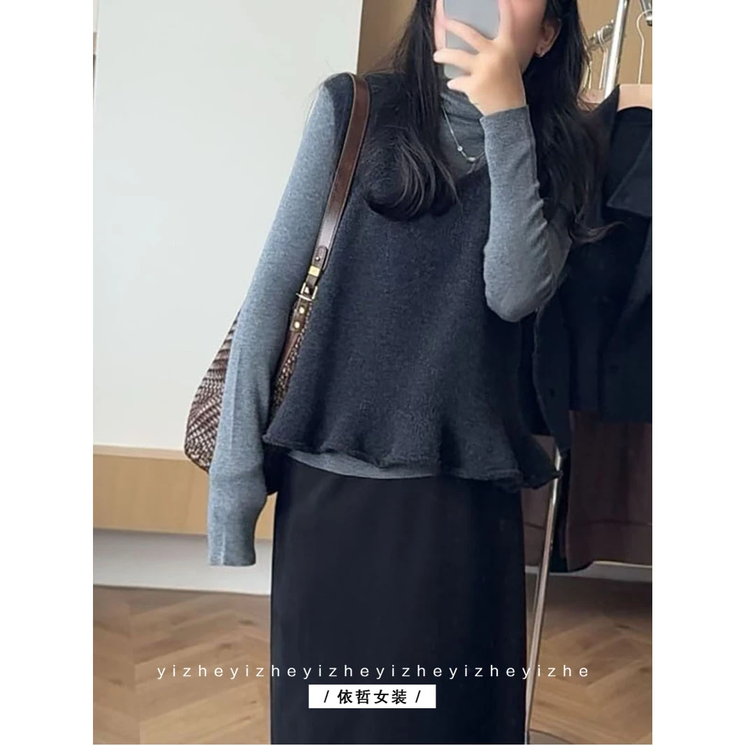 “”白茶小调“”v领木耳边背心女秋冬休闲简约针织衫百搭套头衫打底